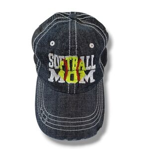 Black Washed Baseball Cap Bill Hat Mesh with Softball Mom Embroidery Curved